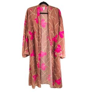 Cardigan Satin Robe in Floral Pink and Brown